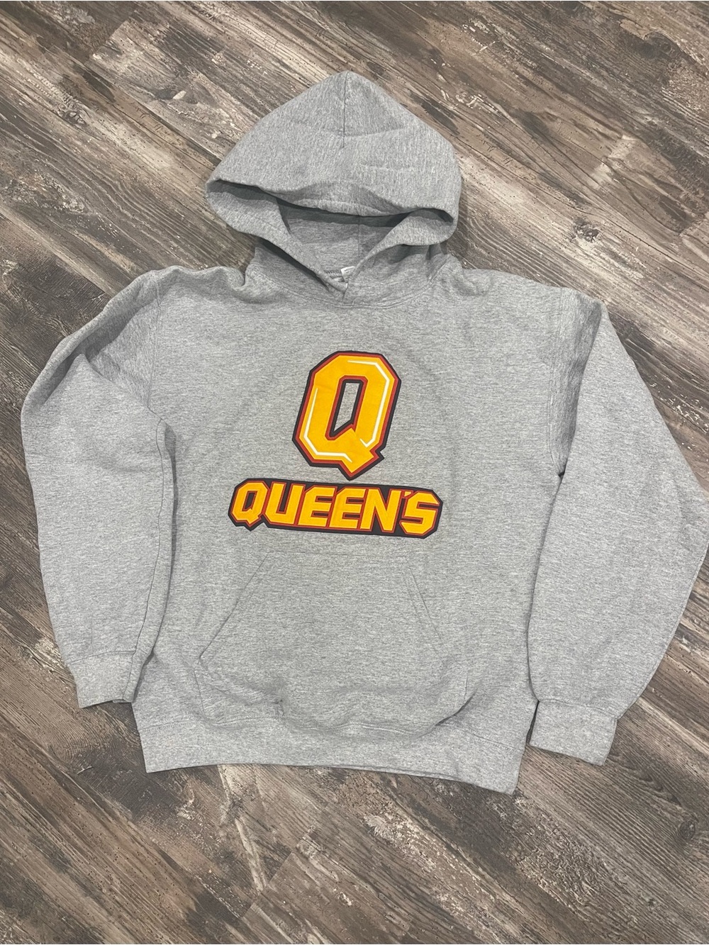 Gildan Grey Hoodie with Yellow and Maroon Queens Logo